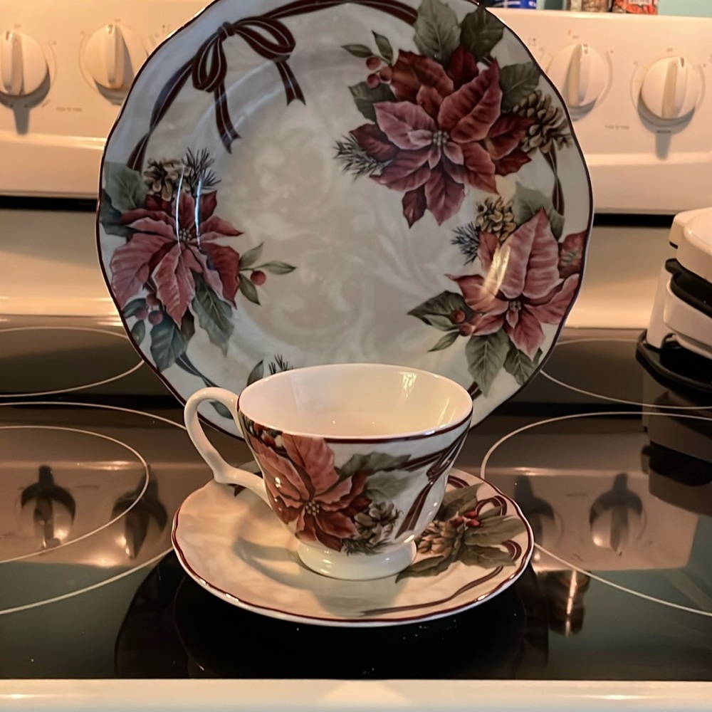 Yuletide Fine China Poinsettias & Pinecones 11”Platter and Cup & Saucer Set